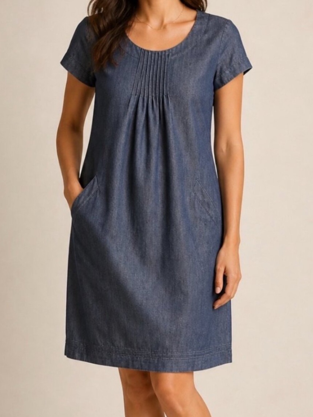 Boden Denim Short-Sleeve Pintuck Shift Dress